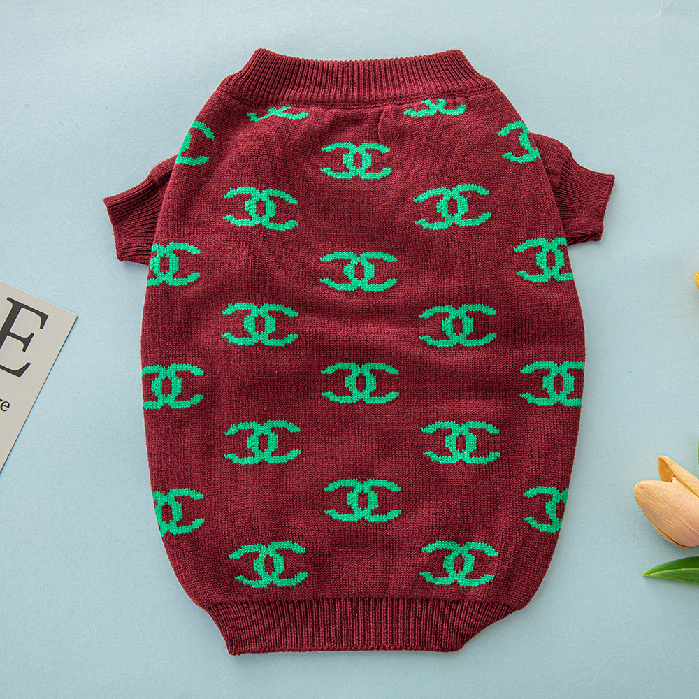 Chic Monogram-Embellished CC Knit Pet Pullovers in Maroon & Green