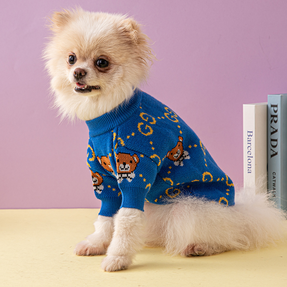 Playful Logo & Bear-Intarsia GG Knit Pet Sweater in Blue-Yellow