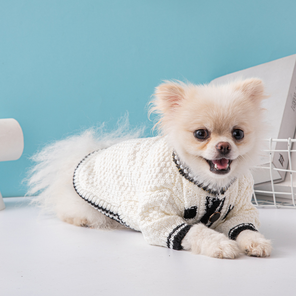 Chic Tweed-Style CCANEL Knit Pet Cardigans with Pearl & Contrast Trims