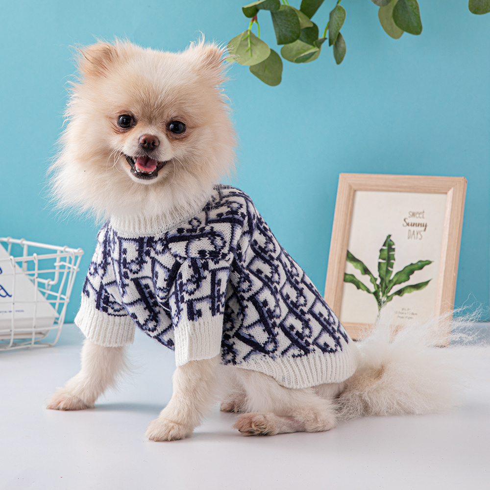 Elegant Monogram Pattern Ddor Pet Sweaters in White-Black and White-Blue