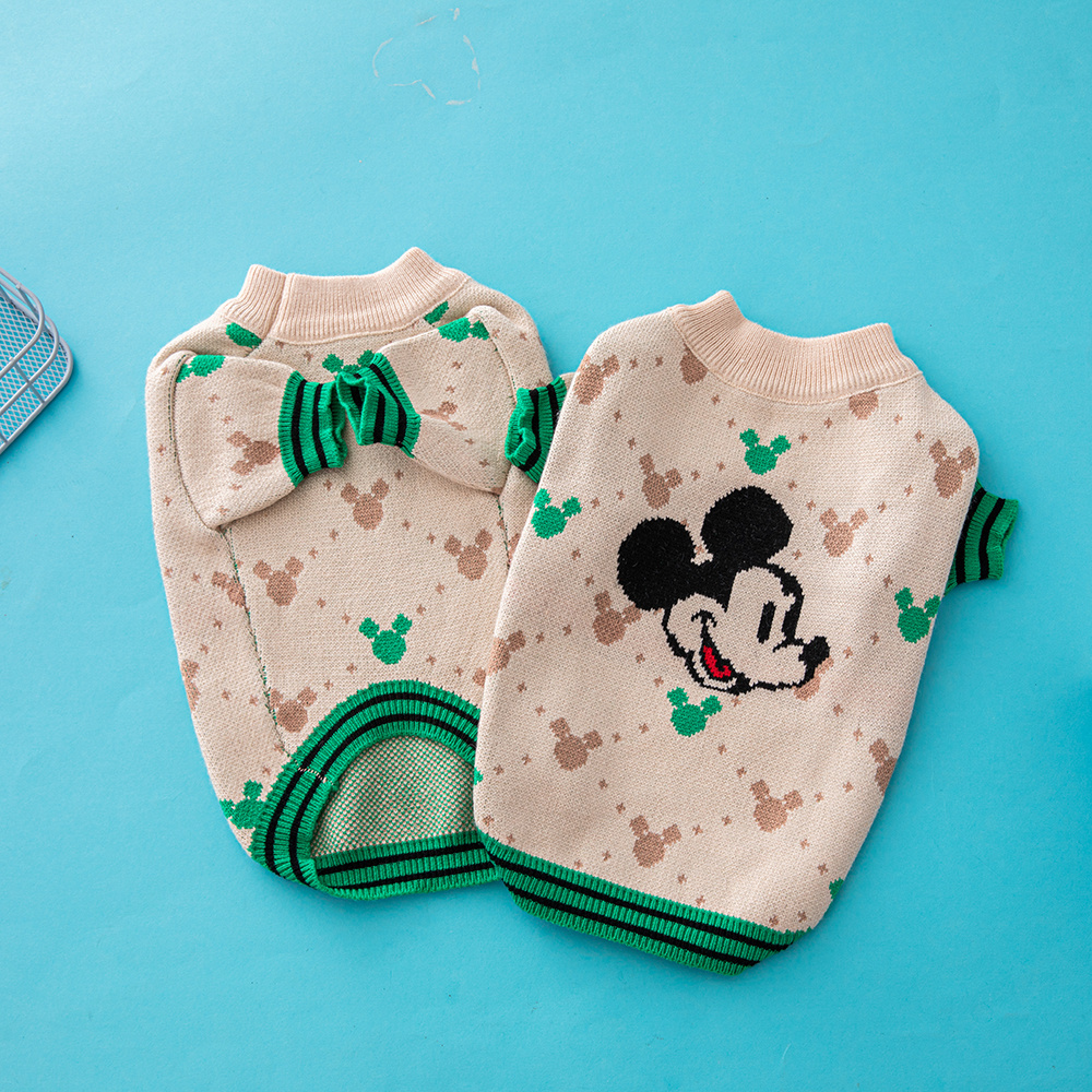 Cute Mickey Mouse Pattern Knit Pet Sweaters in Beige-Green and Red-Multi