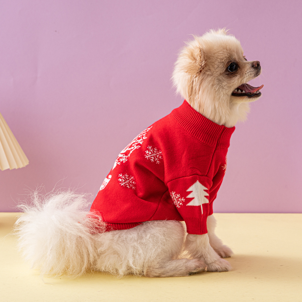 Festive Christmas-Themed Knit Pet Sweaters in Red with Holiday Motifs