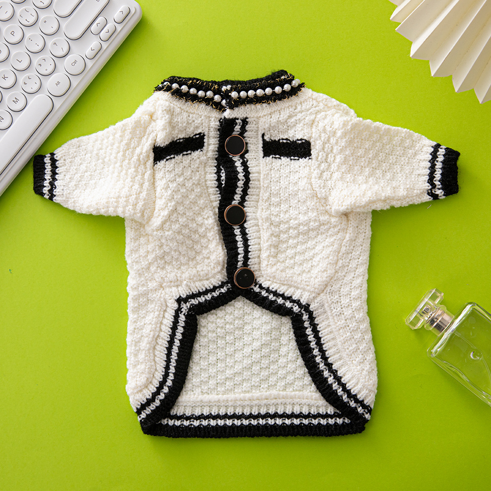 Chic Tweed-Style CCANEL Knit Pet Cardigans with Pearl & Contrast Trims