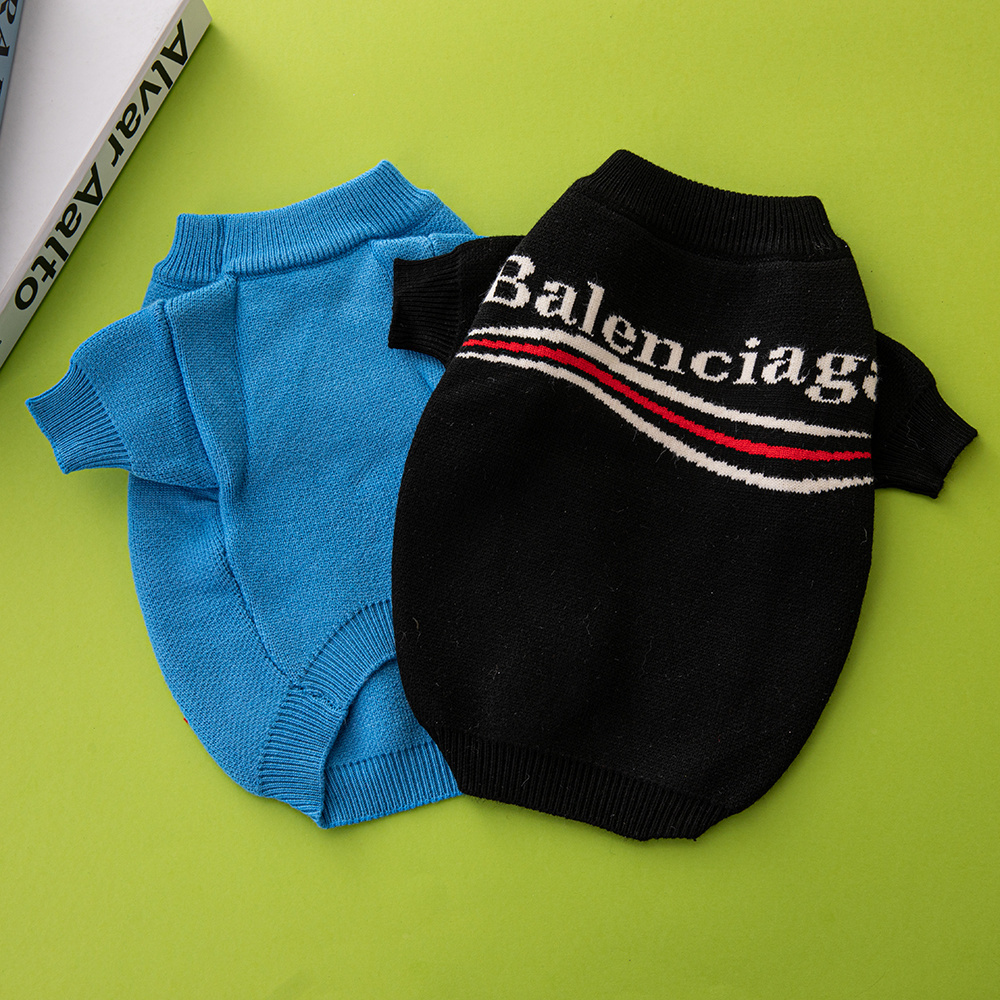 Street-Style Logo-Print and BBLENCIAGA Solid Knit Pet Sweaters in Black-White and Blue