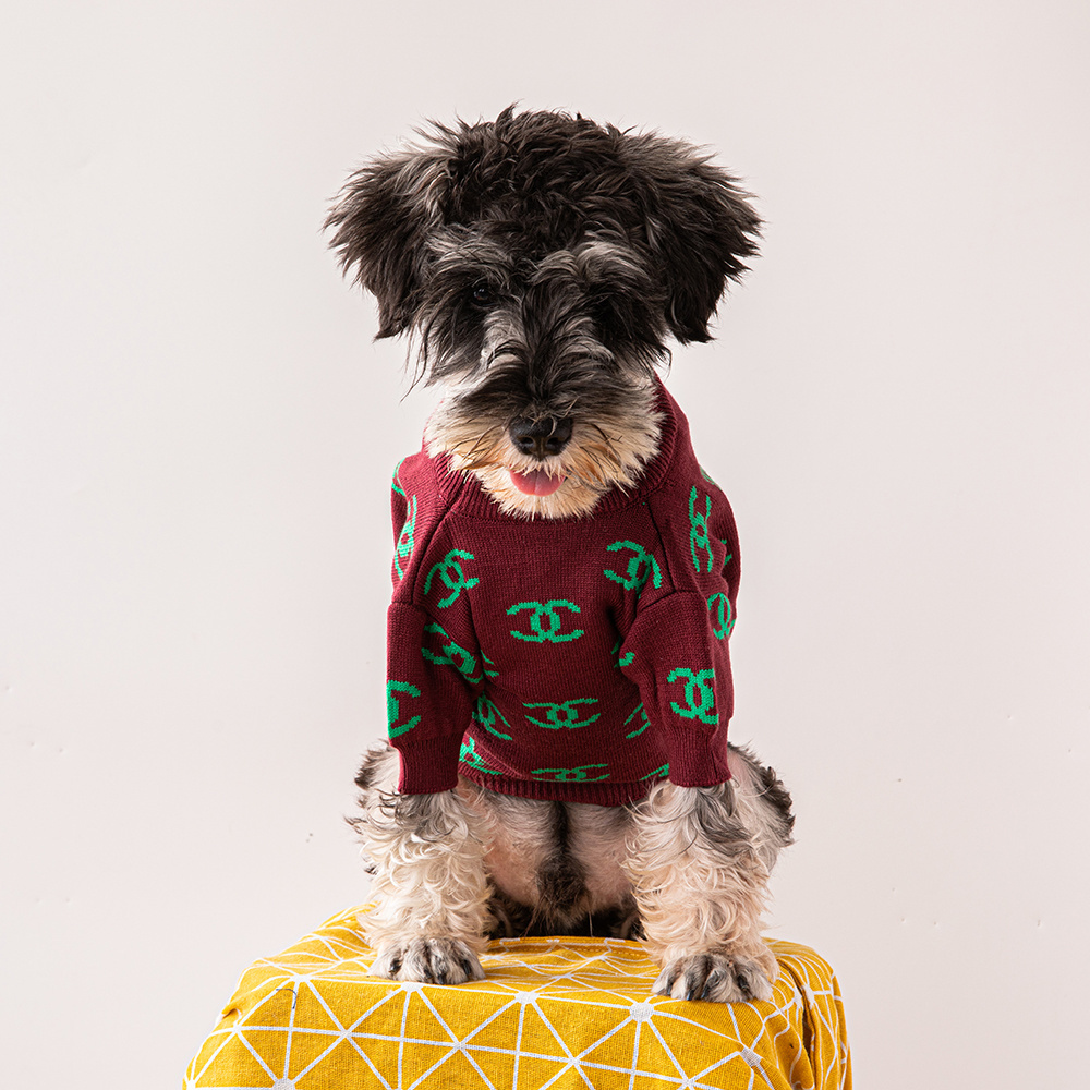 Chic Monogram-Embellished CC Knit Pet Pullovers in Maroon & Green