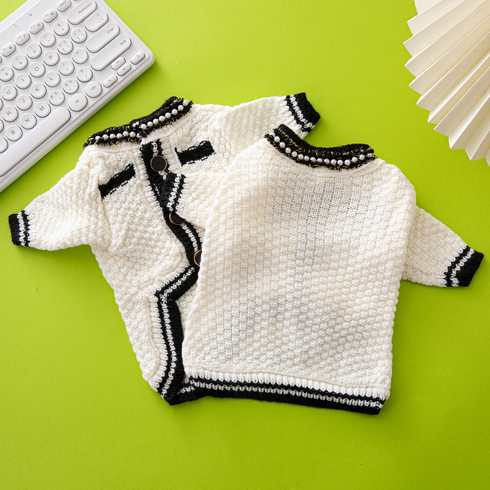 Chic Tweed-Style CCANEL Knit Pet Cardigans with Pearl & Contrast Trims