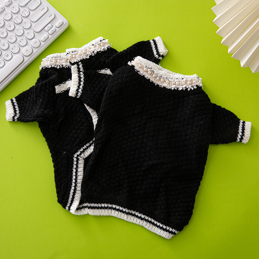 Chic Tweed-Style CCANEL Knit Pet Cardigans with Pearl & Contrast Trims