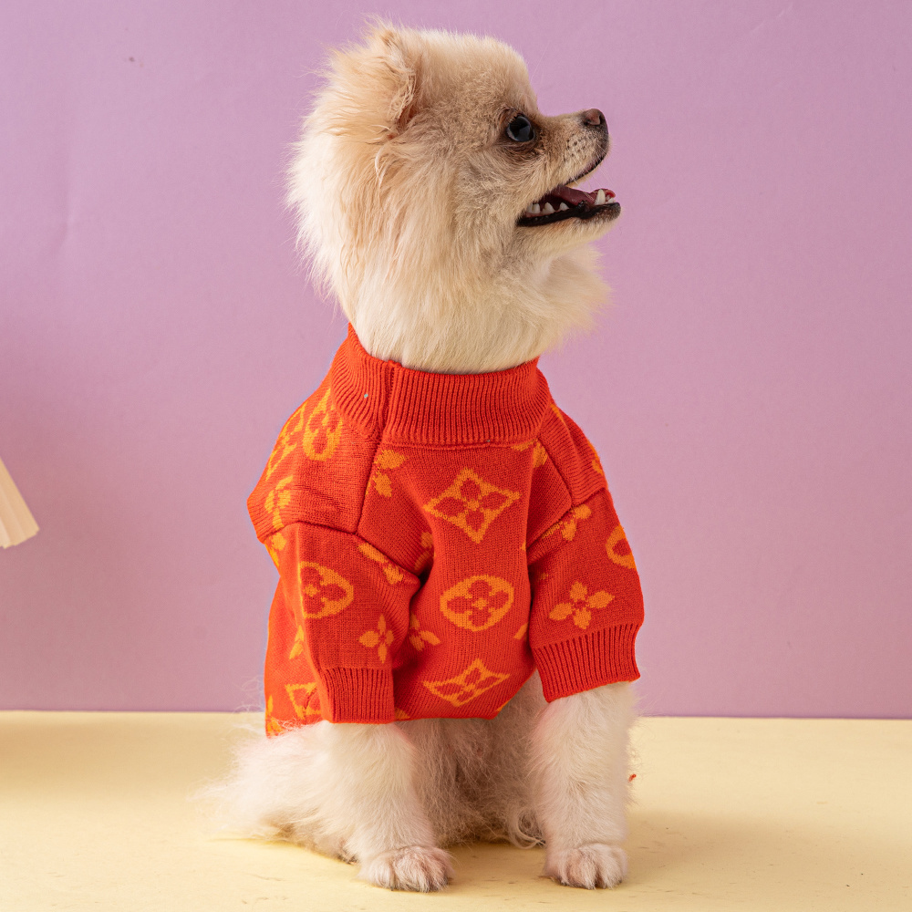 Vivid Patterned VV Knit Pet Sweaters in Gray-Lime and Orange-Orange