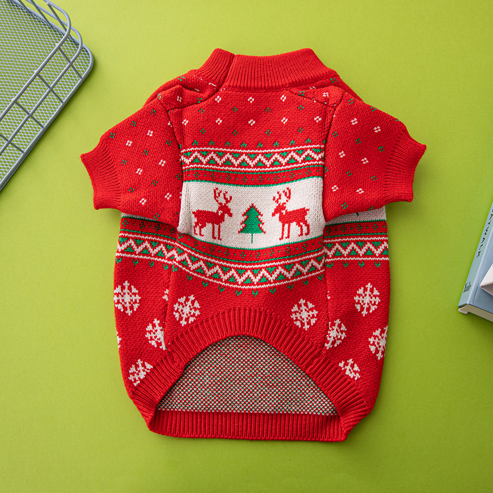 Festive Christmas-Themed Knit Pet Sweaters in Red with Holiday Motifs