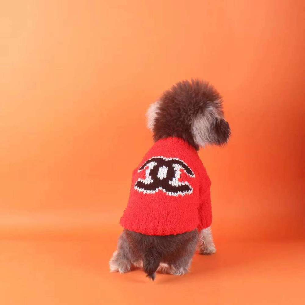 Plush Logo-Embroidered CCANEL Pet Sweaters in Pink-Red, Navy-Red, and Red-Black