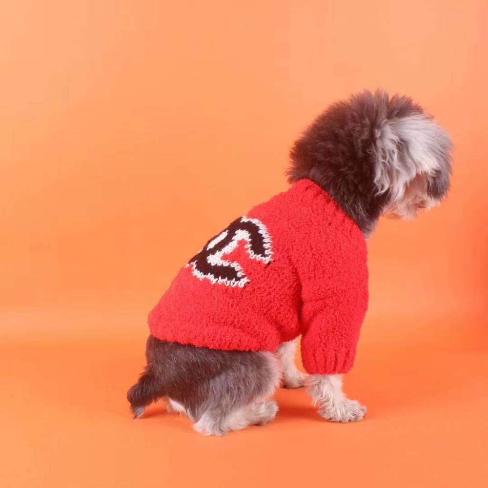 Plush Logo-Embroidered CCANEL Pet Sweaters in Pink-Red, Navy-Red, and Red-Black