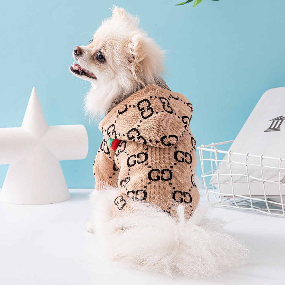 Luxury Monogram GGcci Hooded Knit Pet Sweaters in Black-White and Khaki-Black