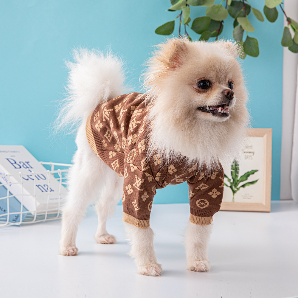 Elegant Monogram Pattern VV Knit Pet Sweaters with Distinct Trim Details in Brown-Beige Tones