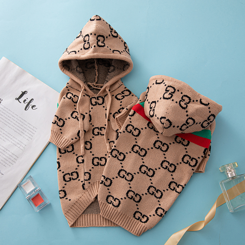 Luxury Monogram GGcci Hooded Knit Pet Sweaters in Black-White and Khaki-Black
