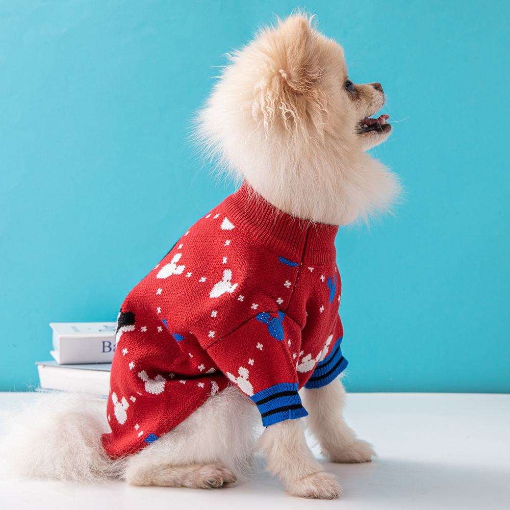 Cute Mickey Mouse Pattern Knit Pet Sweaters in Beige-Green and Red-Multi