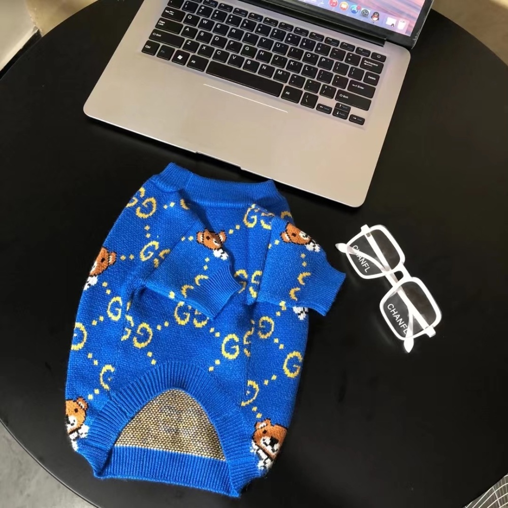 Playful Logo & Bear-Intarsia GG Knit Pet Sweater in Blue-Yellow