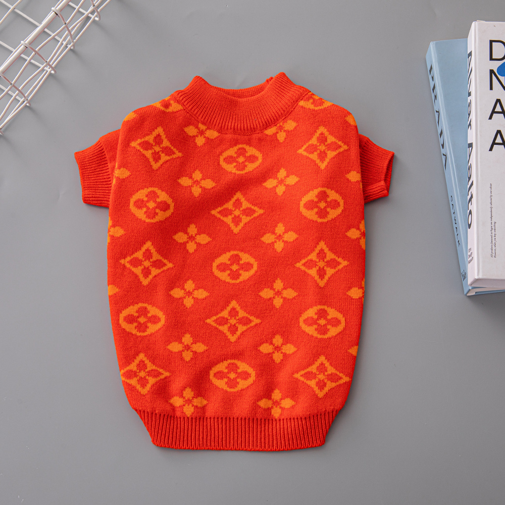 Vivid Patterned VV Knit Pet Sweaters in Gray-Lime and Orange-Orange