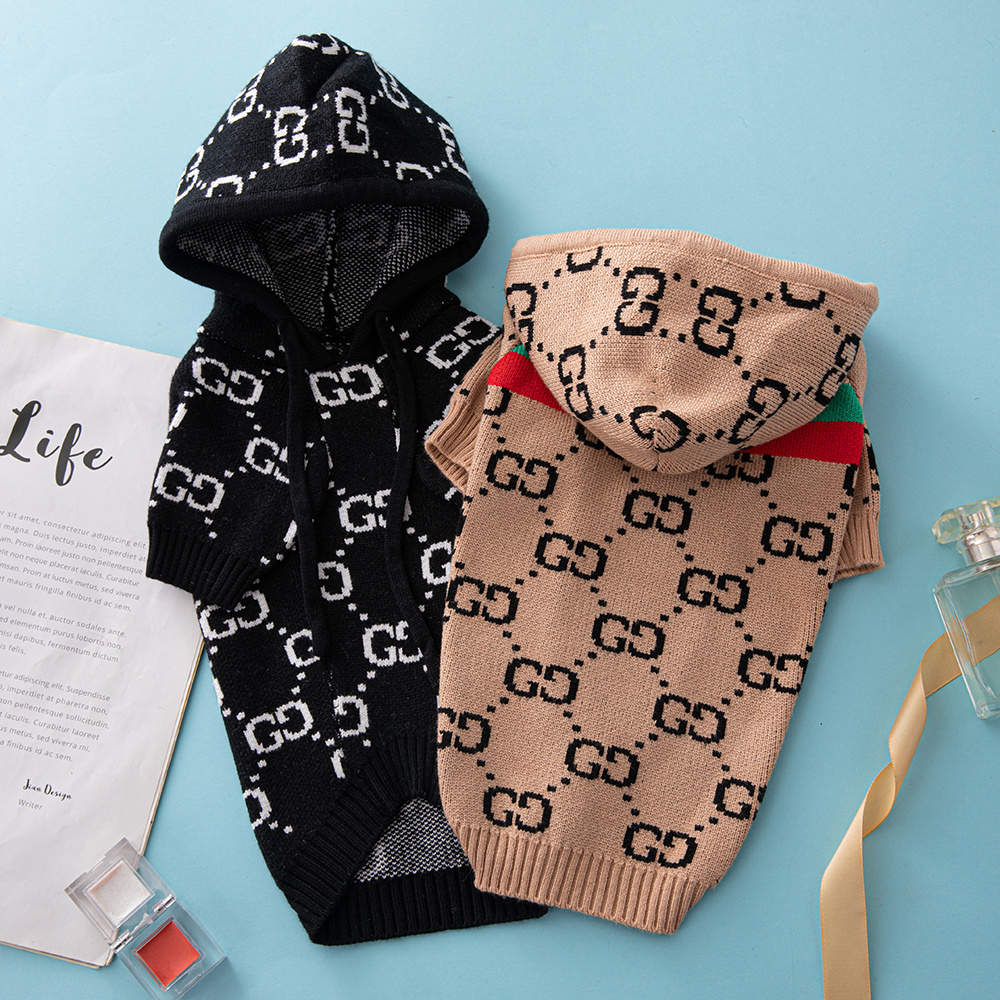 Luxury Monogram GGcci Hooded Knit Pet Sweaters in Black-White and Khaki-Black