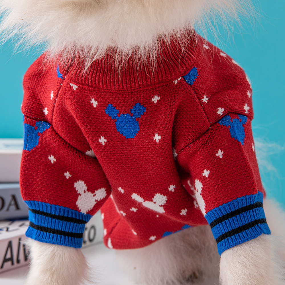 Cute Mickey Mouse Pattern Knit Pet Sweaters in Beige-Green and Red-Multi