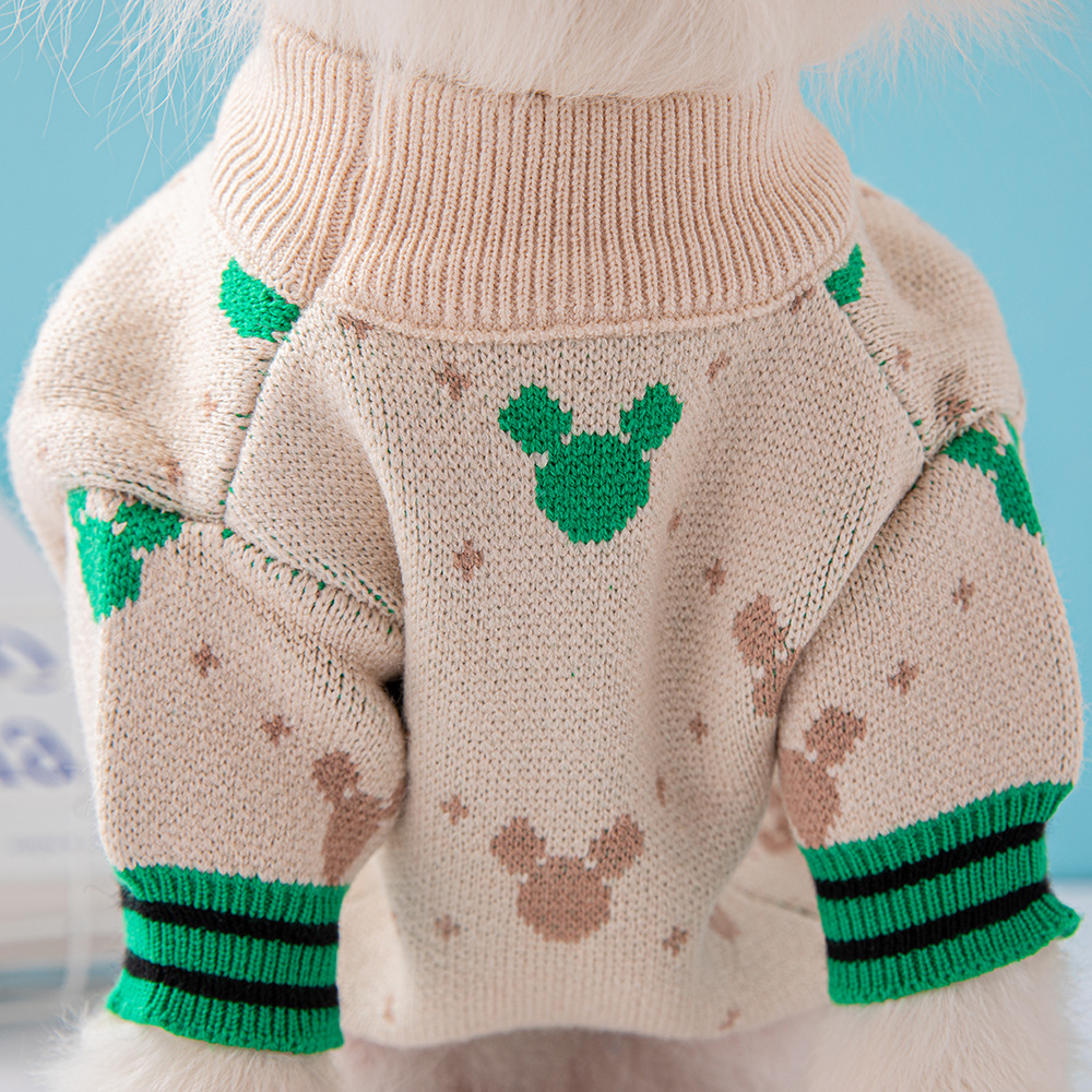 Cute Mickey Mouse Pattern Knit Pet Sweaters in Beige-Green and Red-Multi