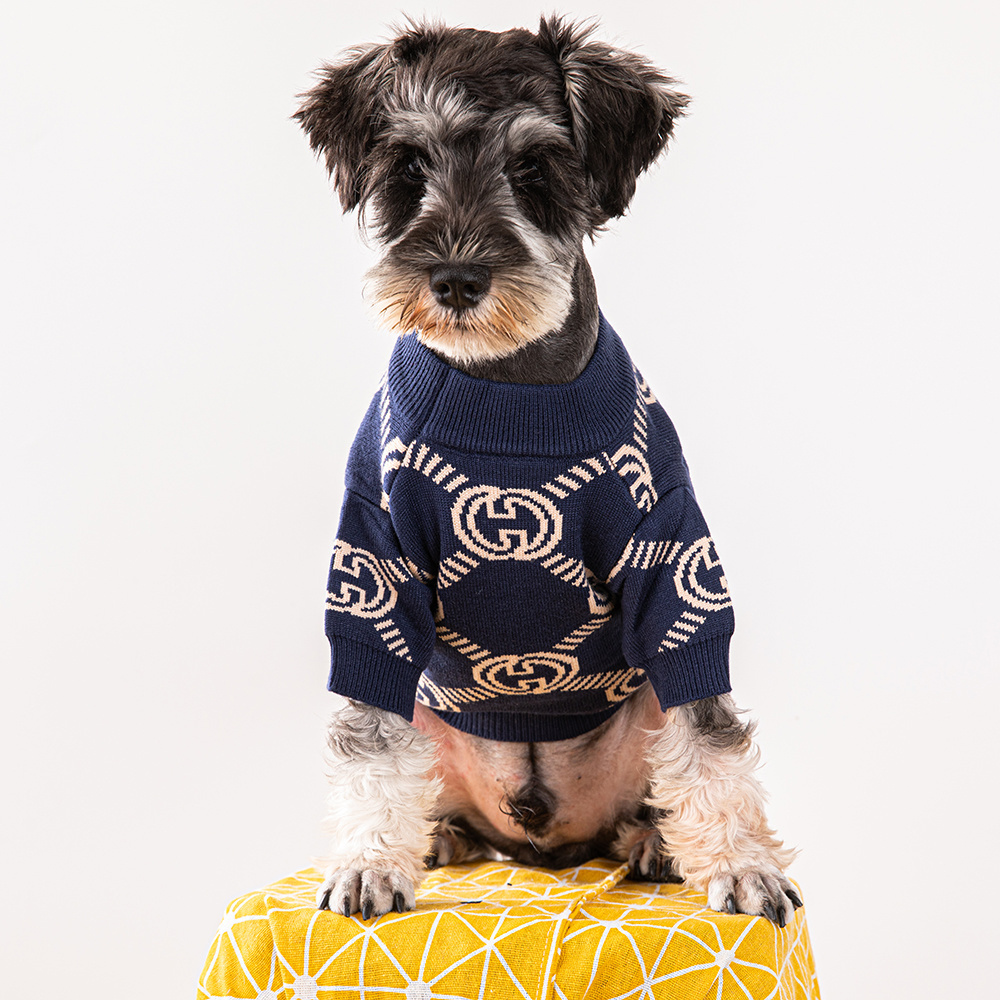 Luxury Monogram GG Pattern Knit Pet Sweaters in Navy & Beige