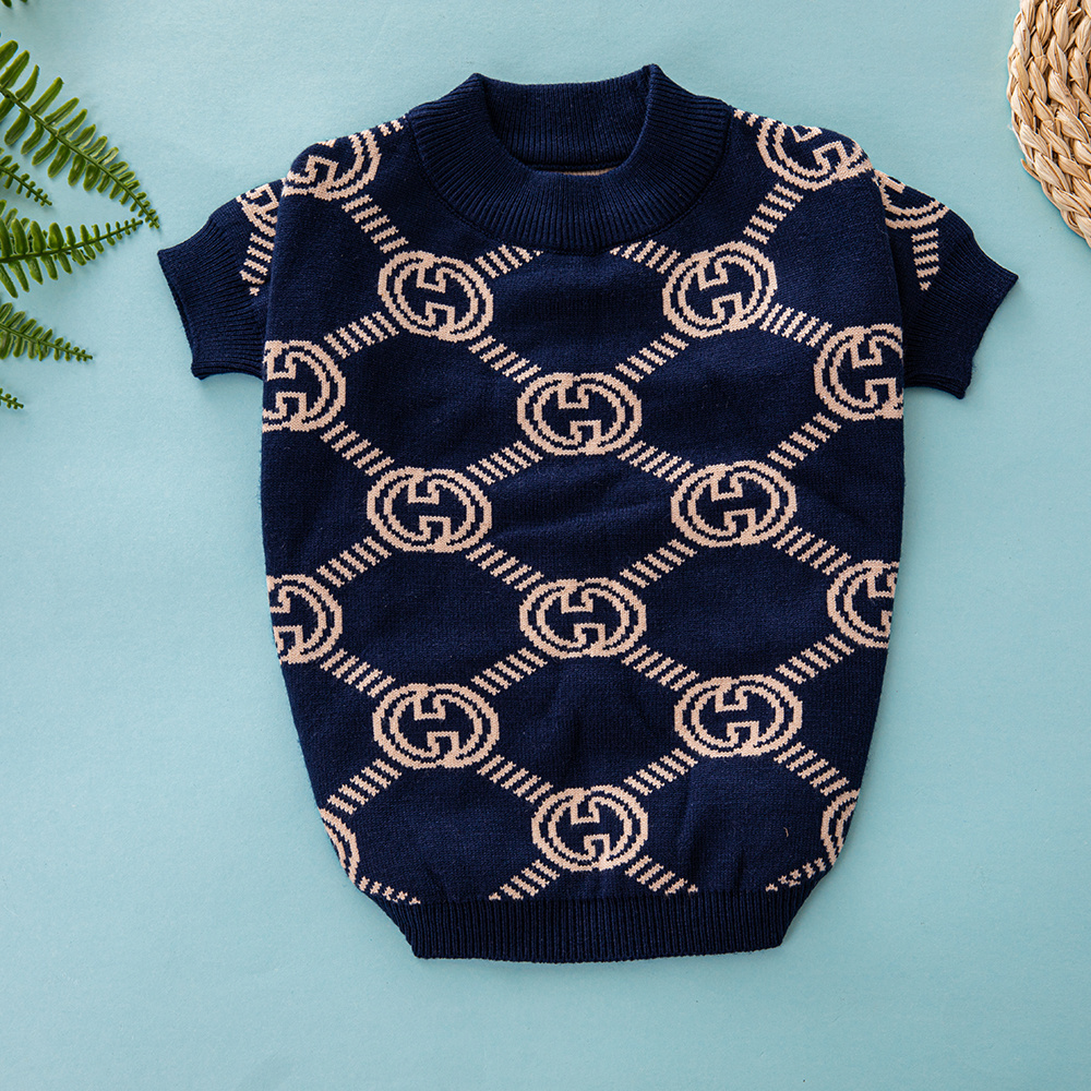 Luxury Monogram GG Pattern Knit Pet Sweaters in Navy & Beige