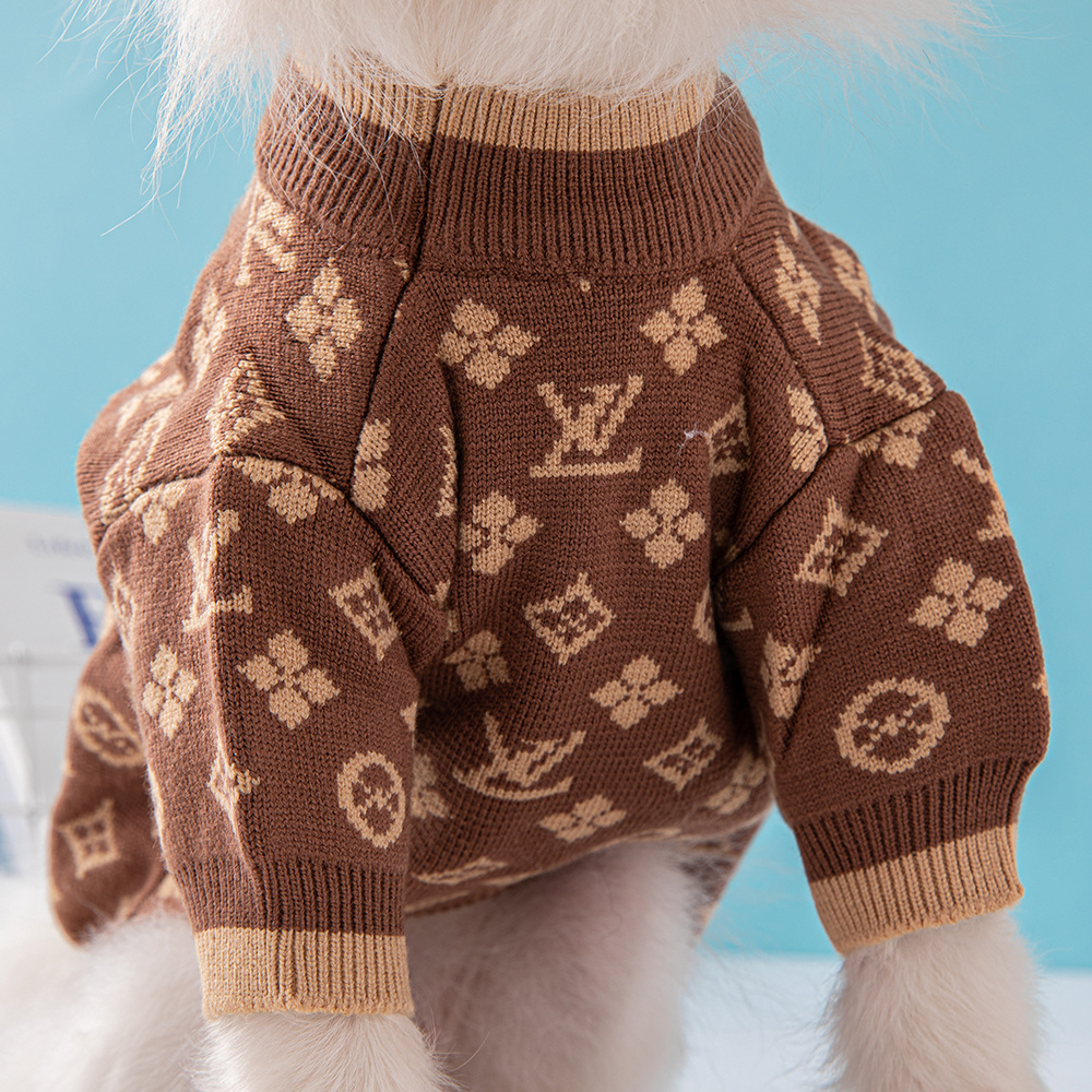 Elegant Monogram Pattern VV Knit Pet Sweaters with Distinct Trim Details in Brown-Beige Tones