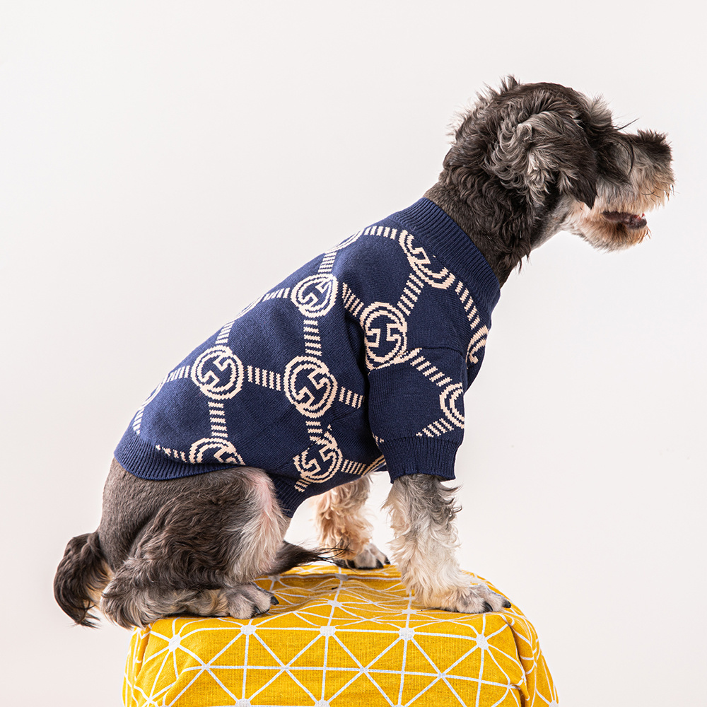 Luxury Monogram GG Pattern Knit Pet Sweaters in Navy & Beige