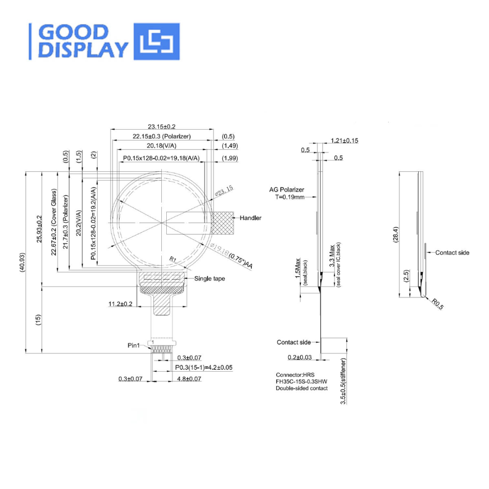 goodisplay circular 0.75 inch 128x128 oled white small display, GDOR0075W