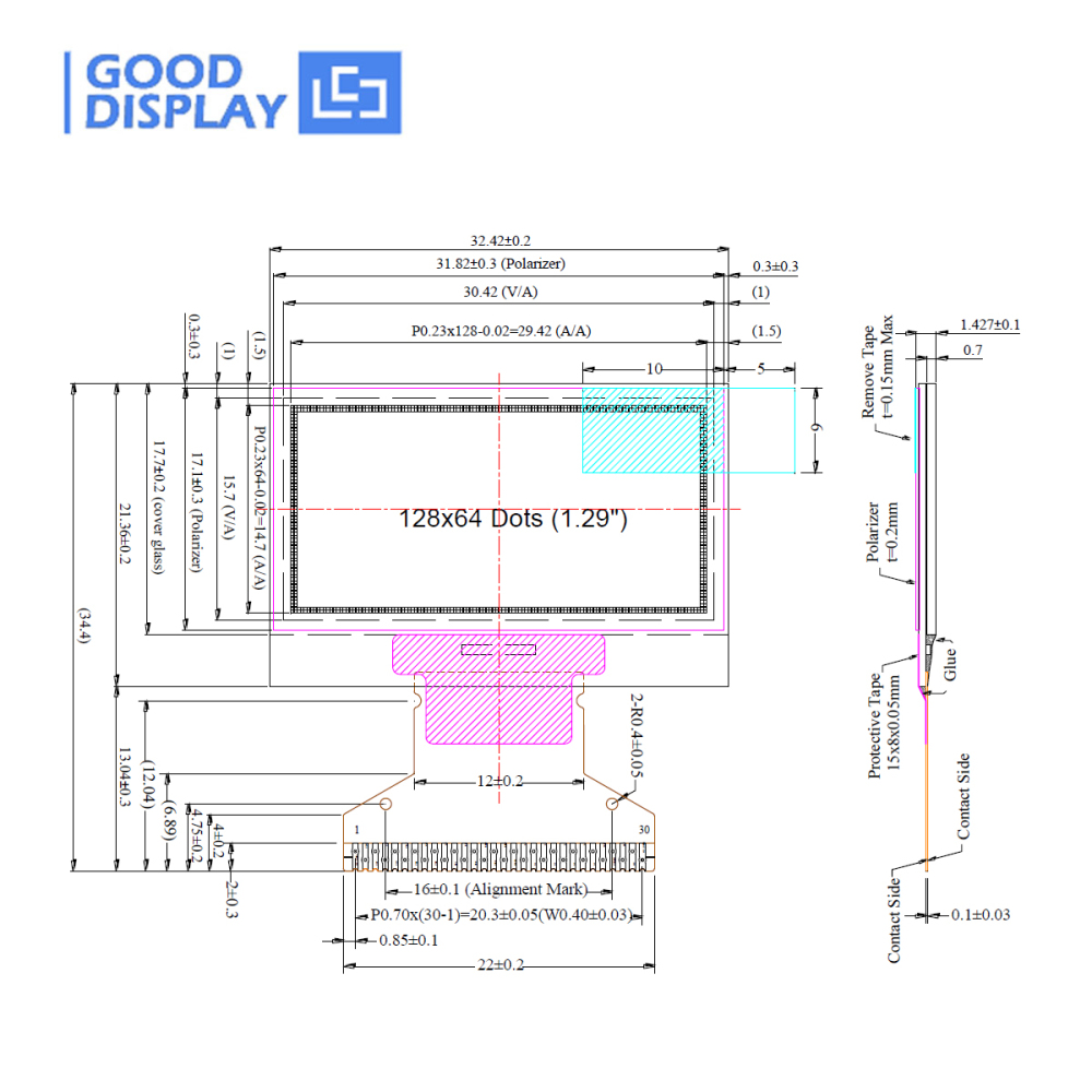 1.29 inch 128x64 mini oled display wide temperature -40~85C SSD1315, GDON0129RGW