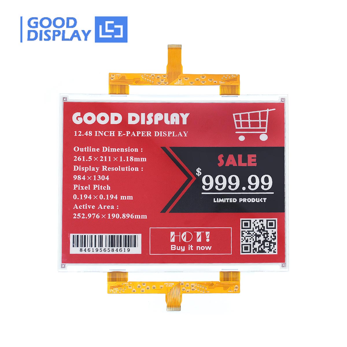 Red 12.48 inch Large Color E Paper E Ink Display Module 1304×984 ...