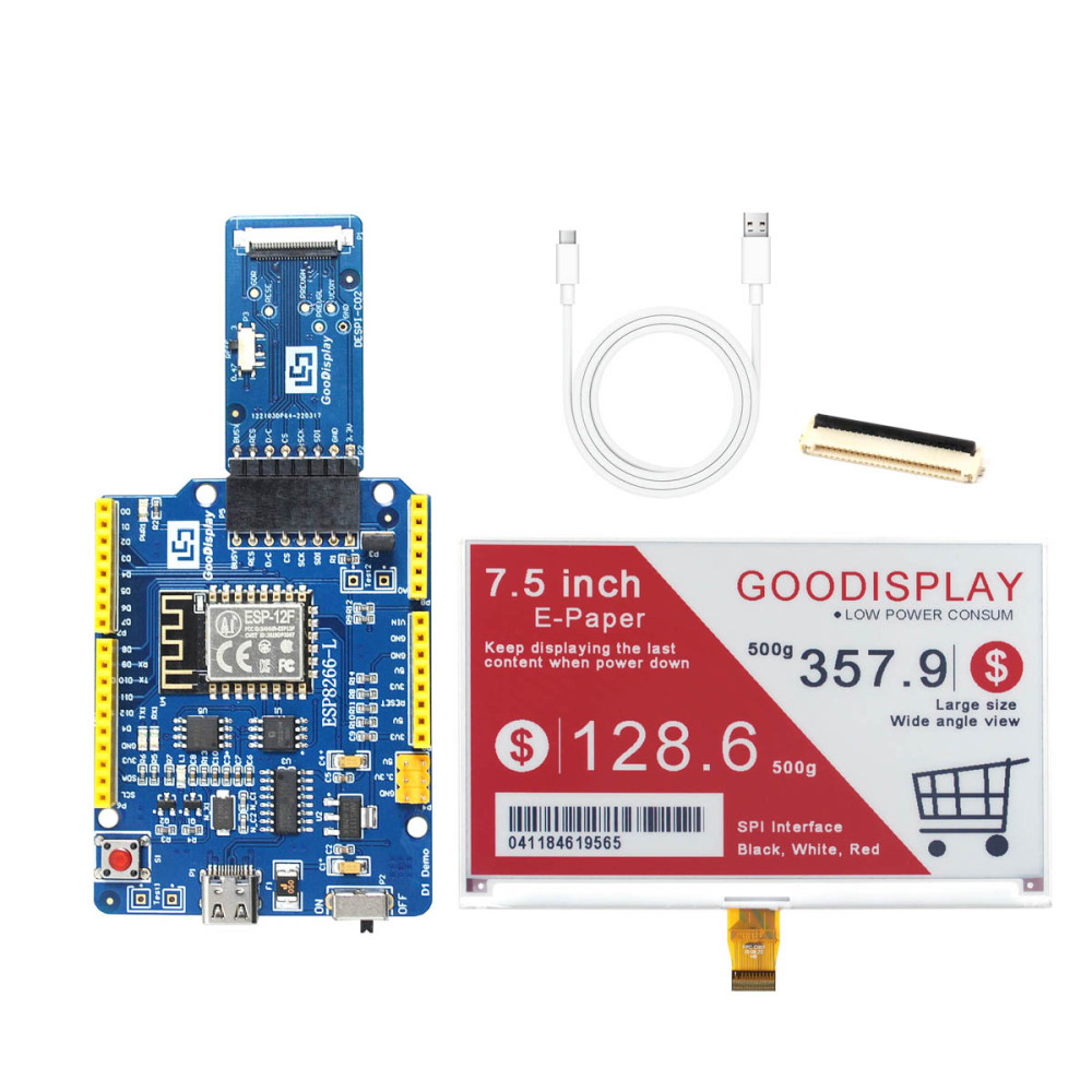 Supermarket E-ink Display 7.5 inch 800x480 Black White Red Colorful ePaper Screen 4 Wire SPI eInk, GDEY075Z08 with ESP8266 Demo Kit ESP8266-L(C02)