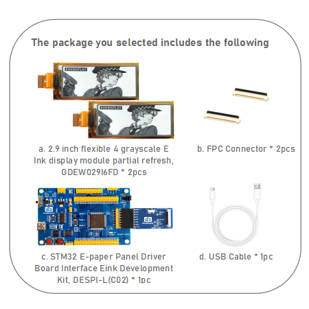 2.9 inch e ink flexible ultra-thin 4 Grayscale e-paper display with HAT connect board development, GDEW029I6FD with adapter board