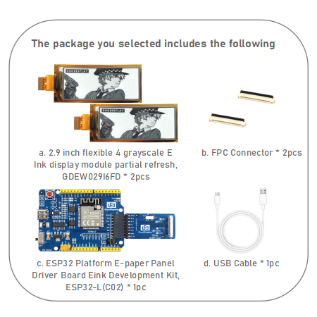 2.9 inch e ink flexible ultra-thin 4 Grayscale e-paper display with HAT connect board development, GDEW029I6FD with adapter board