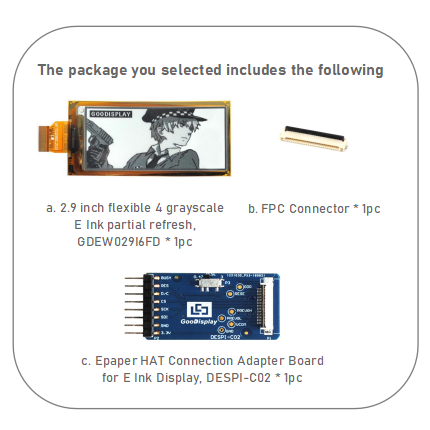 2.9 inch e ink flexible ultra-thin 4 Grayscale e-paper display with HAT connect board development, GDEW029I6FD with adapter board