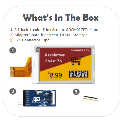 2.7" Four-Color E-Ink Display Module 12s Refresh 264x176 Resolution Low Power e-Paper