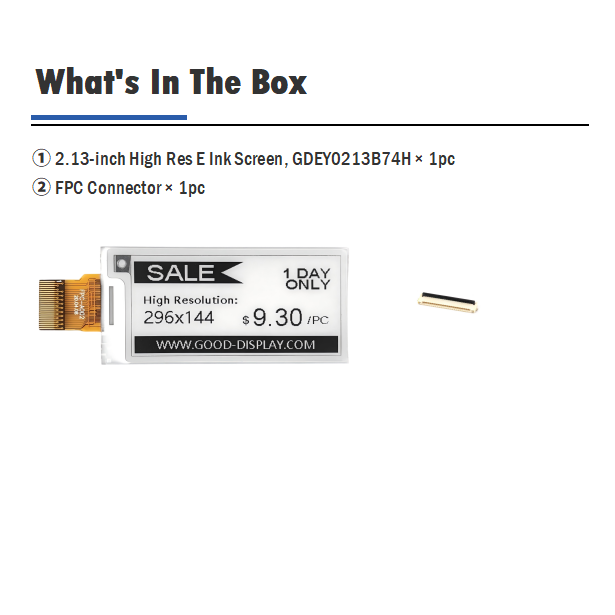 2.13" Monochrome E-Paper Display 296x144 High-Res 154 PPI Fast Refresh E Ink SSD1680Z Driver