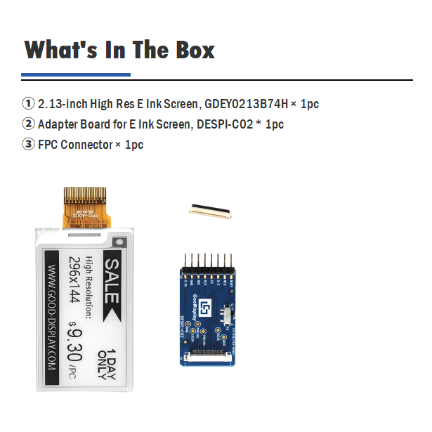 2.13" Monochrome E-Paper Display 296x144 High-Res 154 PPI Fast Refresh E Ink SSD1680Z Driver