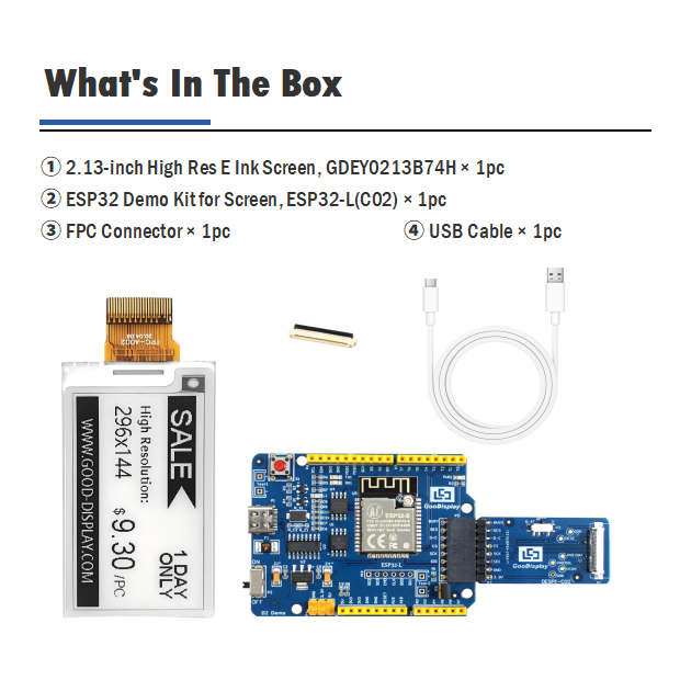2.13" Monochrome E-Paper Display 296x144 High-Res 154 PPI Fast Refresh E Ink SSD1680Z Driver