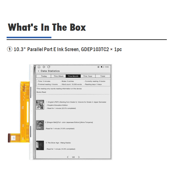 Large 10.3-Inch Parallel Port E Ink Raw Display 1872×1404 High-Resolution Paper Electronic Display, GDEP103TC2