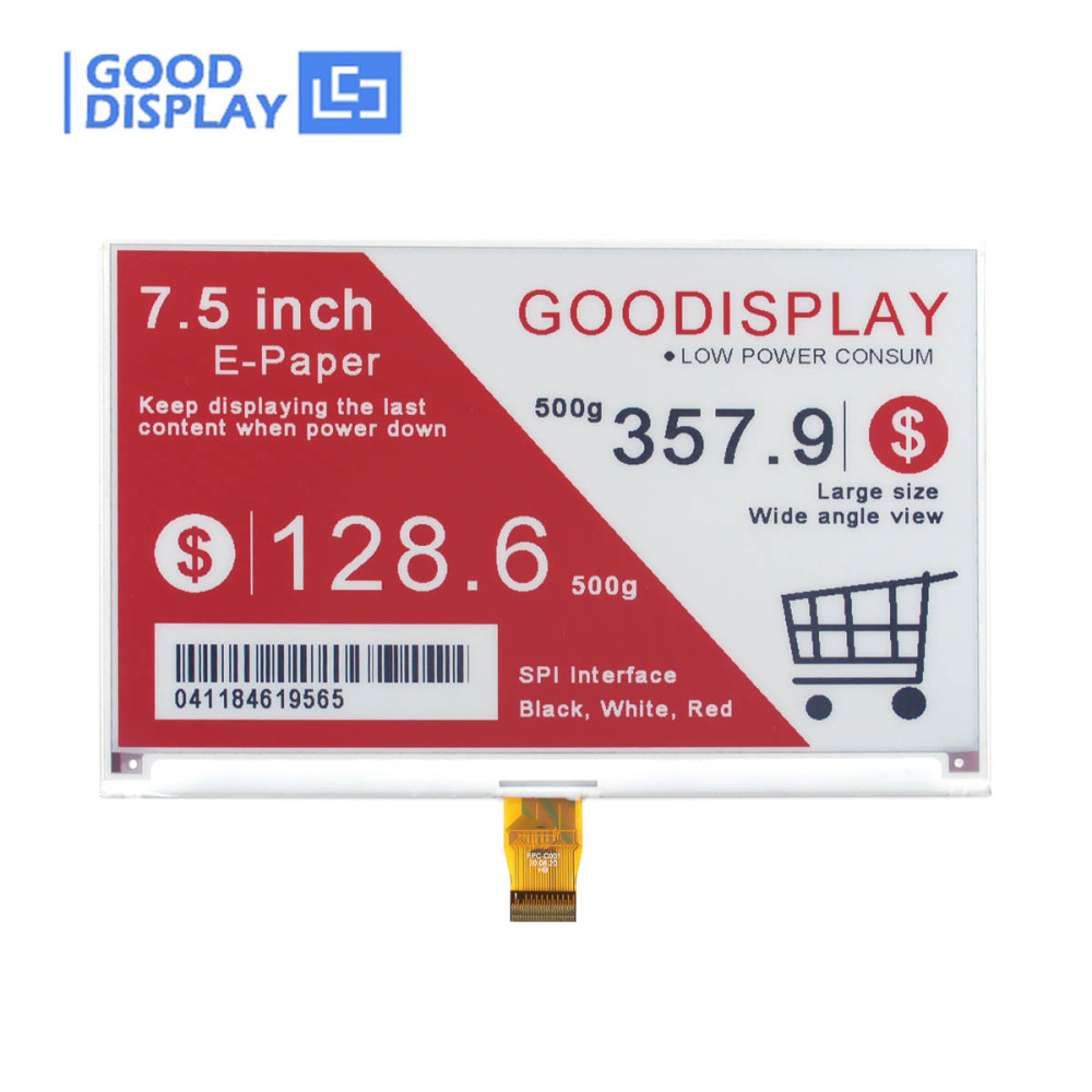 7.5inch Red Electronic Paper Display Tri-color E-ink Display 1.3s Partial Update of Black and White Parts, GDEY075Z08