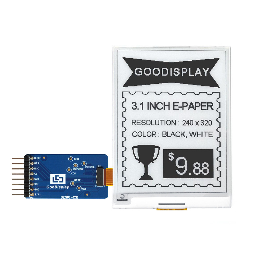3.1 Inch Black White E-ink 320x240 Resolution E-paper Raw Displays Module, GDEY031T10