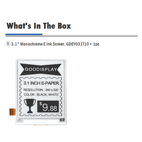 3.1 Inch Black White E-ink 320x240 Resolution E-paper Raw Displays Module, GDEY031T10