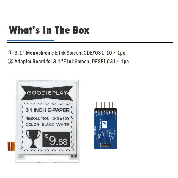 3.1 Inch Black White E-ink 320x240 Resolution E-paper Raw Displays Module, GDEY031T10