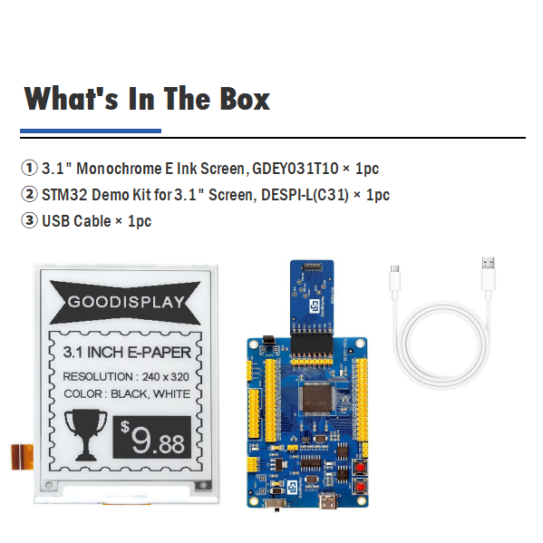 3.1 Inch Black White E-ink 320x240 Resolution E-paper Raw Displays Module, GDEY031T10