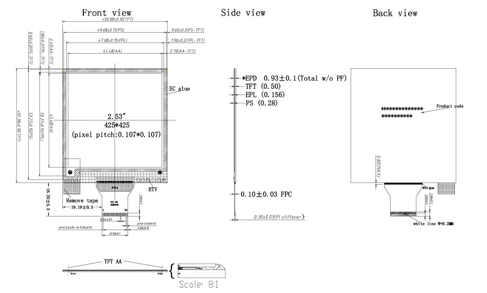 Square 2.53" 425x424 4-Color E-Paper Display with SPI Interface | E-Ink Screen Module，GDEF0253F17