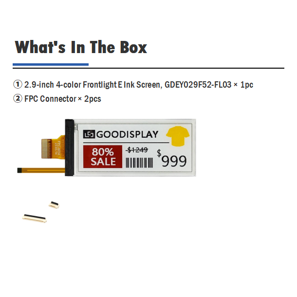 2.9-Inch Four-Color E Ink Screen with Front-light E-Paper Module 296x128 Resolution 112 PPI Ultra-Low Power, GDEY029F52-FL03