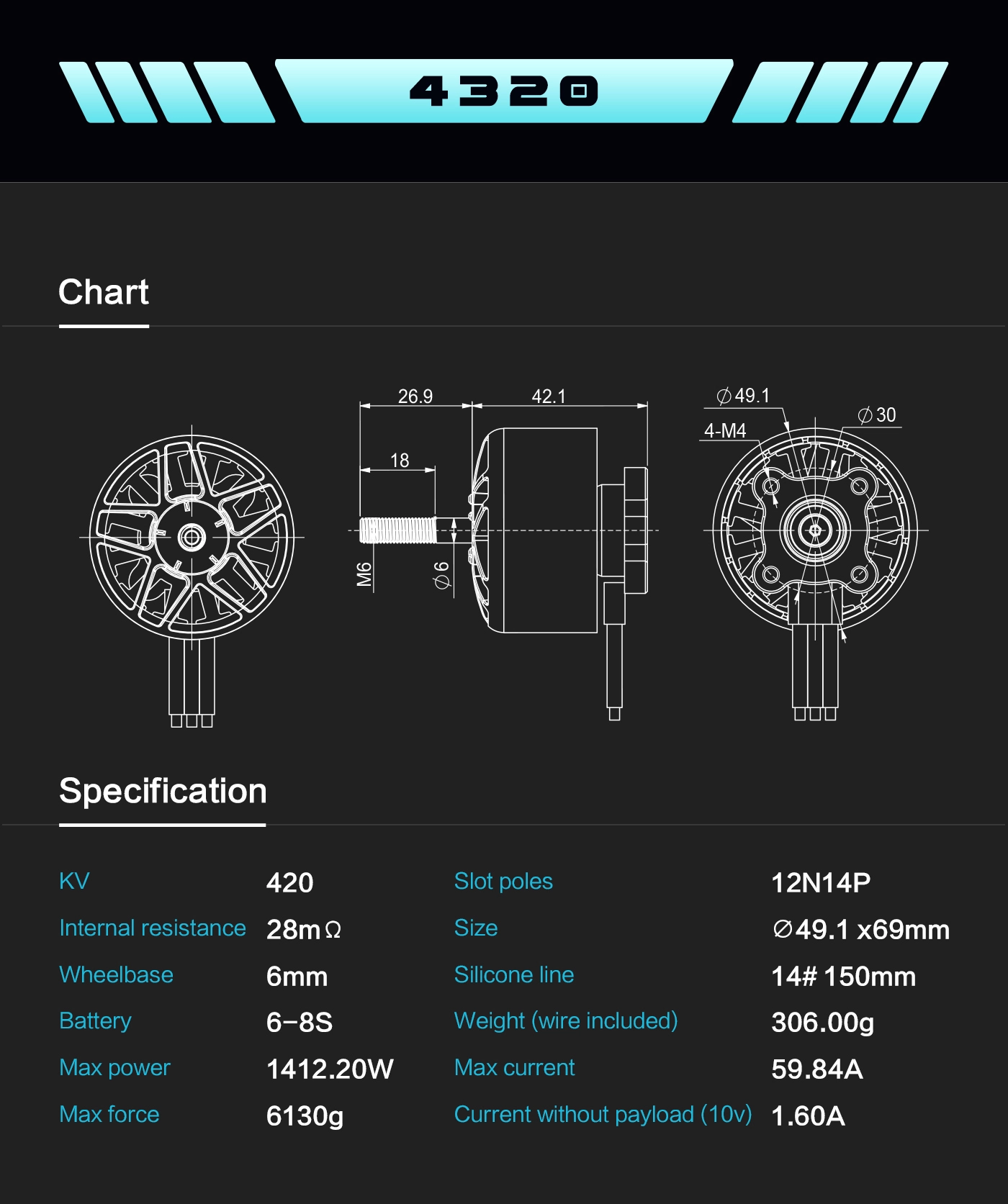 Axisflying AZ4320 6-8S 420KV Brushless Motor 6 quality,q 100