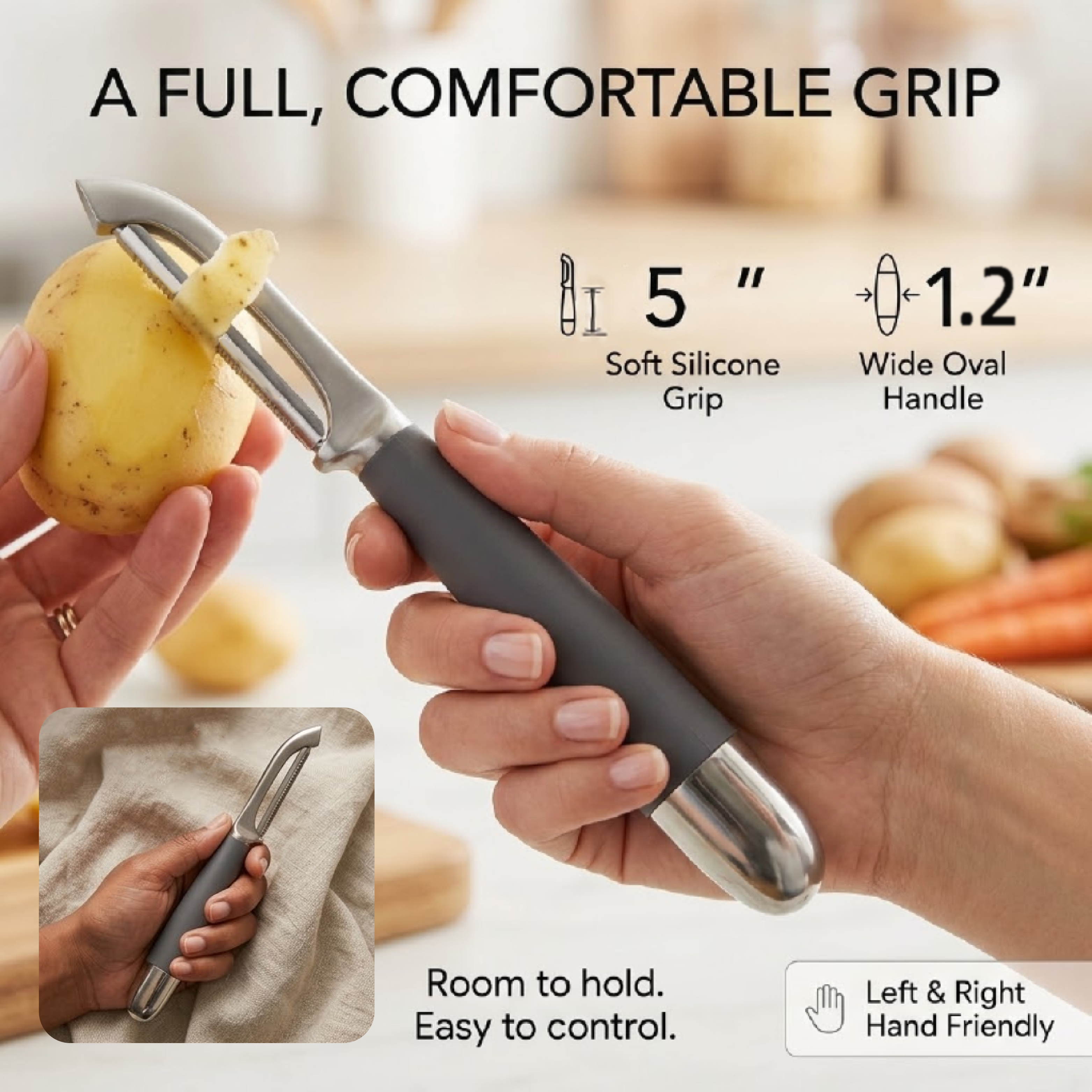 8.5-Inch Heavy Duty Zinc Alloy Potato Peeler with Sharp Stainless Steel Swivel Blade & Soft Silicone Grip, Kitchen Peeler for Fruits and Vegetables, Gray