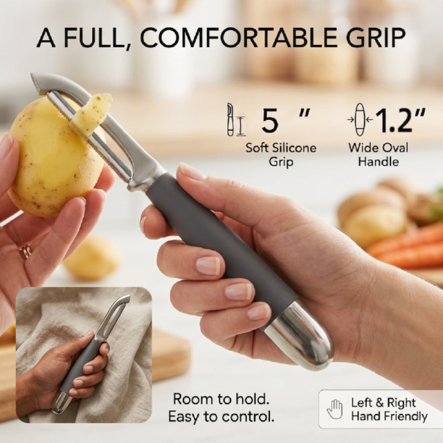 8.5-Inch Heavy Duty Zinc Alloy Potato Peeler with Sharp Stainless Steel Swivel Blade & Soft Silicone Grip, Kitchen Peeler for Fruits and Vegetables, Gray